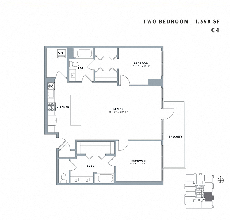 Floor plan for 2 beds, 2 baths, 1358 sqft